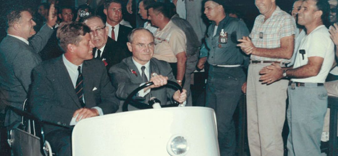 James McDonnell touring McDonnell Astronautics with President Kennedy